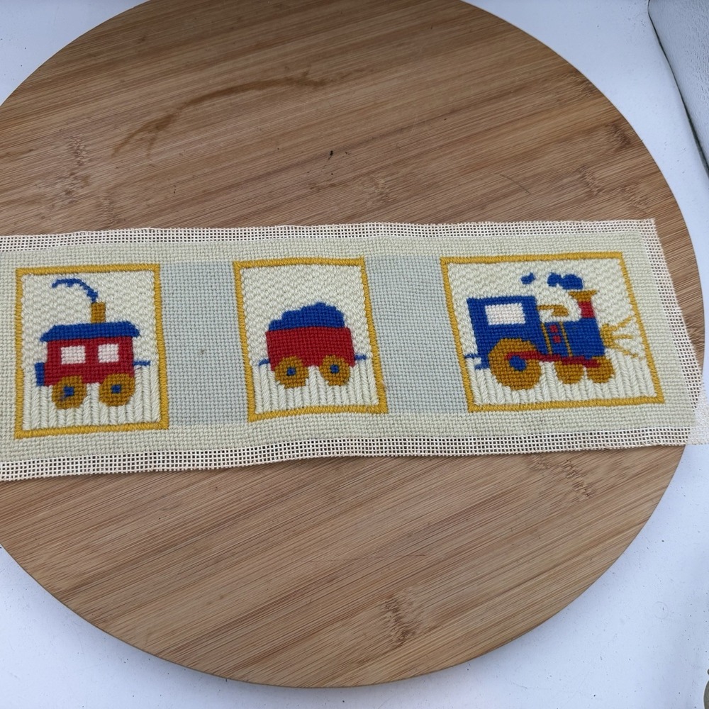 Embroidered Toy‎ Train Set Unframed Vintage Kids Room Red Blue